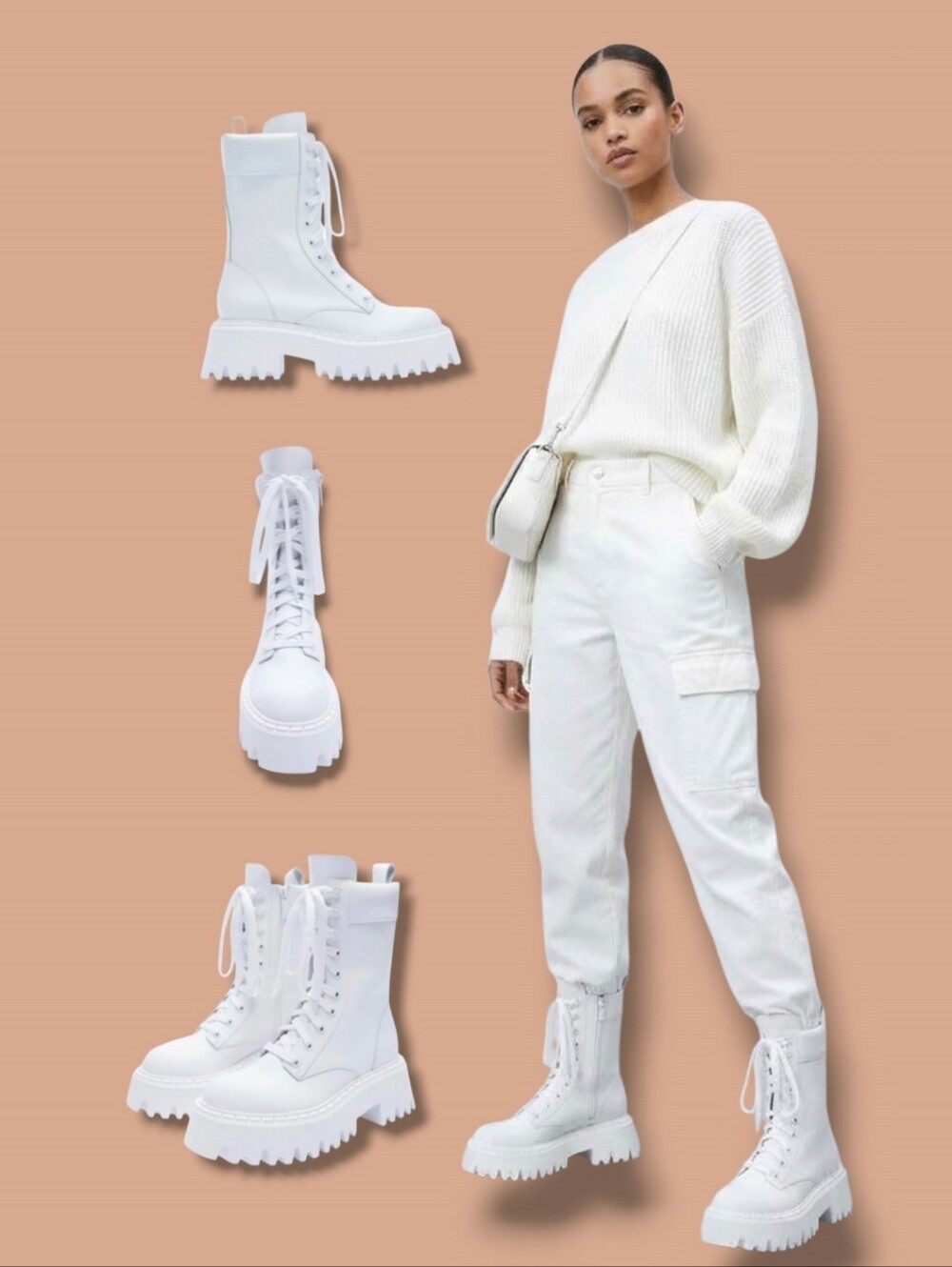 NEW 🤍 ZARA Women's White Leather Lug Sole Lace-Up Boots